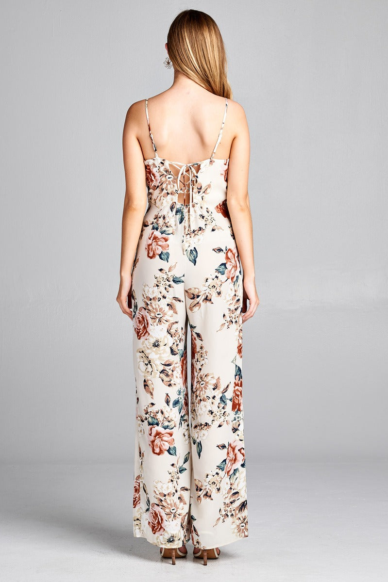 Ladies fashion v-neck back cross strap closure floral print long leg cami jumpsuit