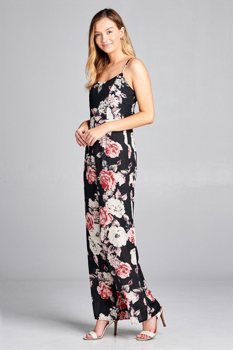 Ladies fashion v-neck back cross strap closure floral print long leg cami jumpsuit