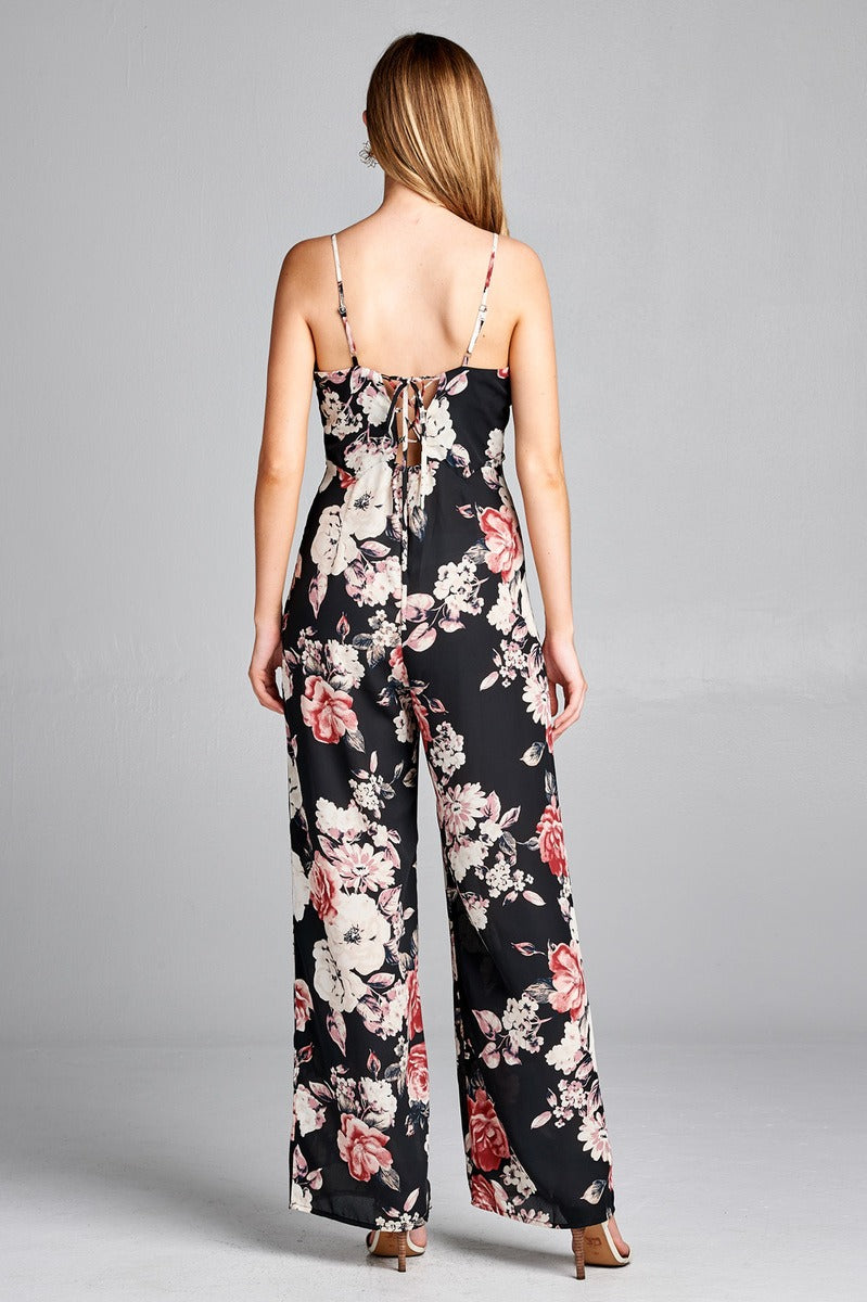 Ladies fashion v-neck back cross strap closure floral print long leg cami jumpsuit