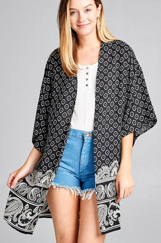 Ladies fashion open front border print woven kimono