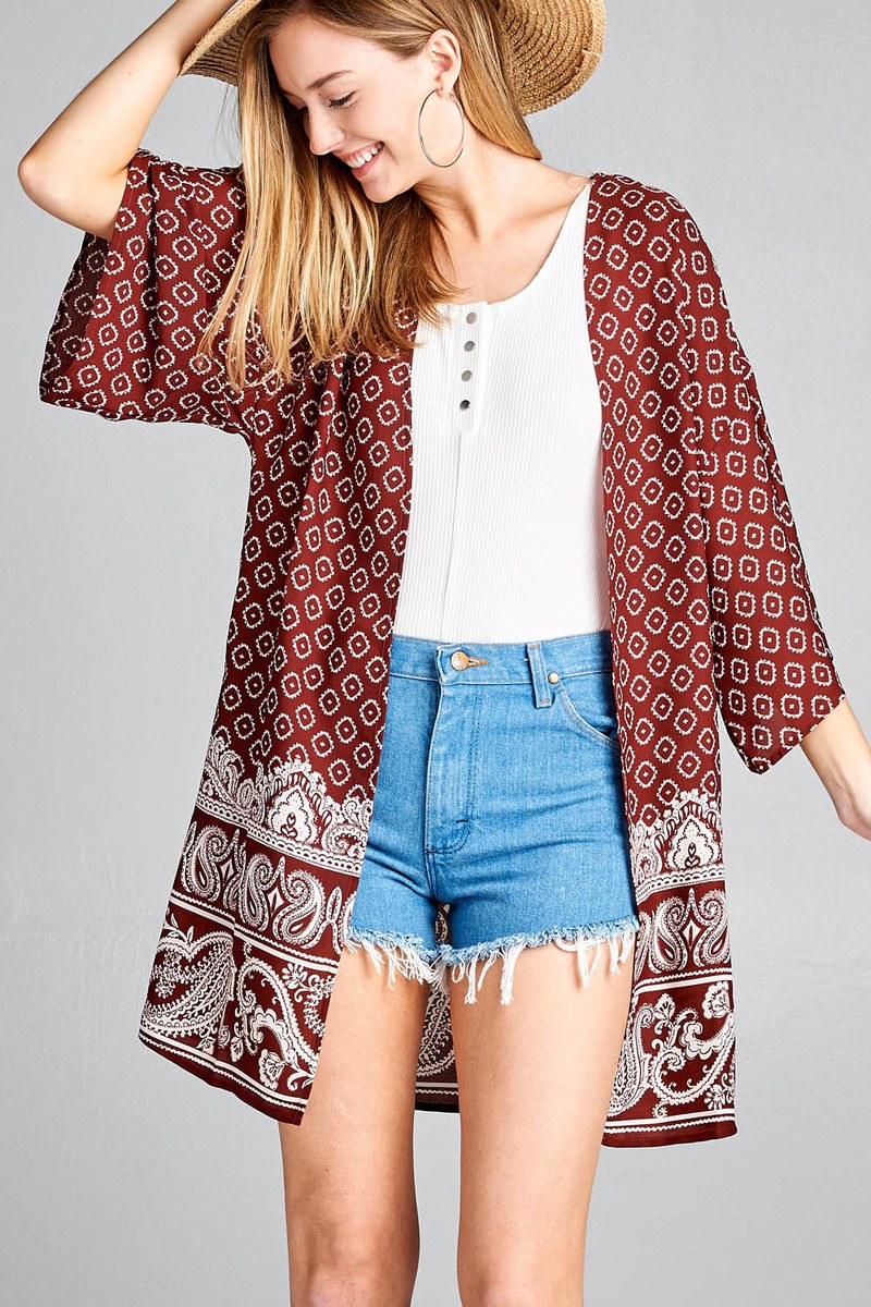 Ladies fashion open front border print woven kimono