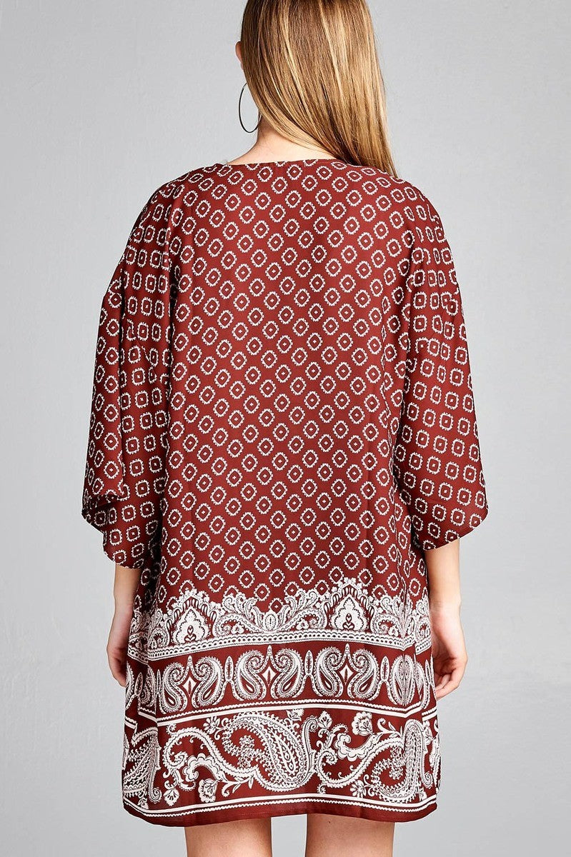 Ladies fashion open front border print woven kimono