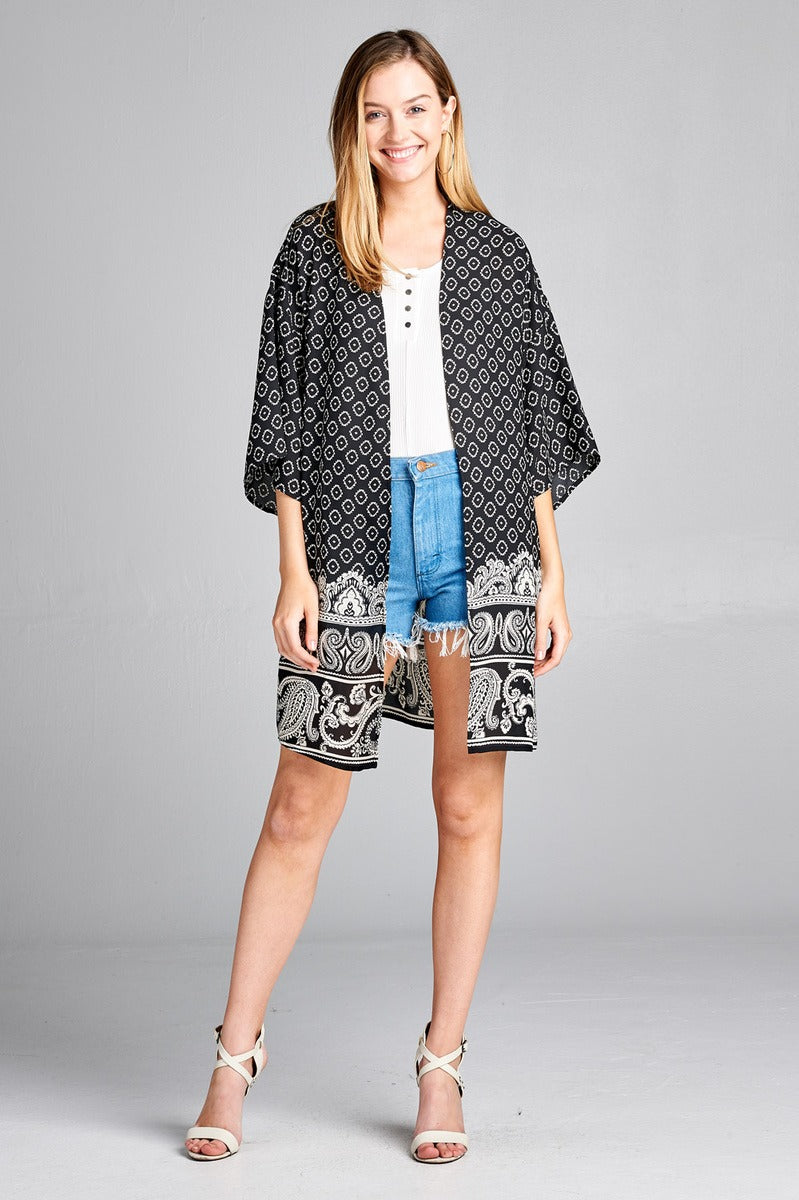 Ladies fashion open front border print woven kimono