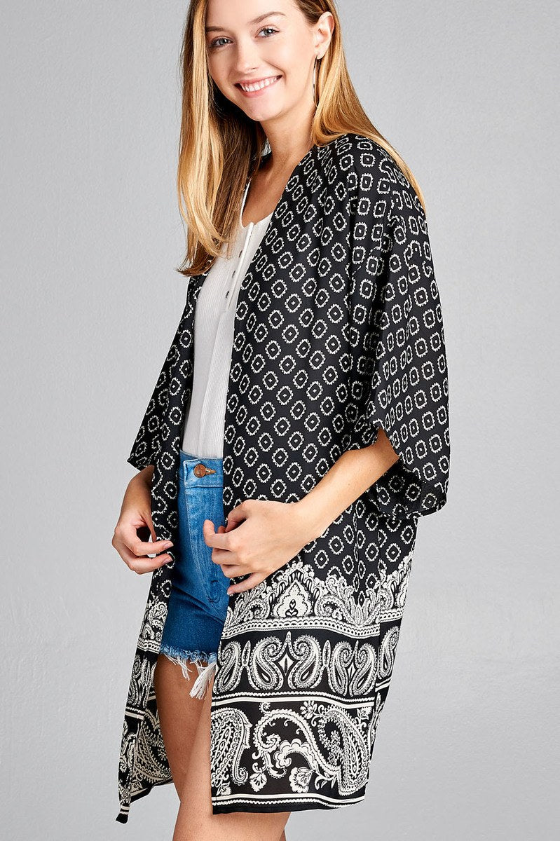 Ladies fashion open front border print woven kimono