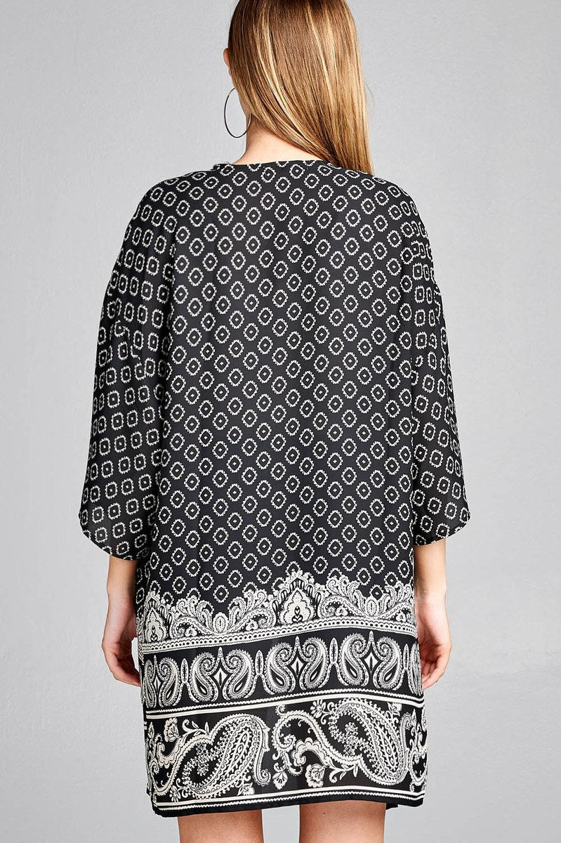 Ladies fashion open front border print woven kimono