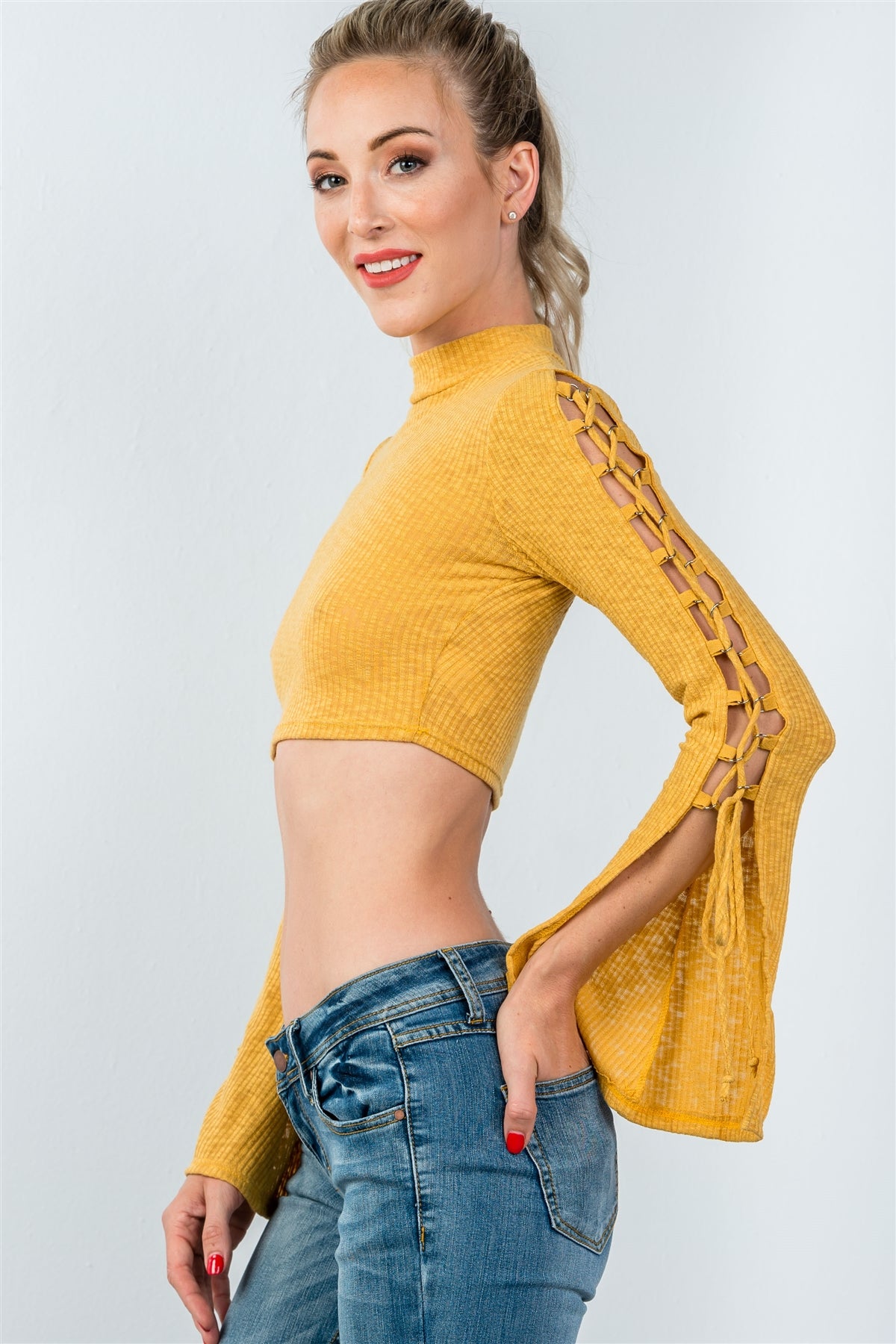 Ladies fashion split sleeve lace up ribbed crop top