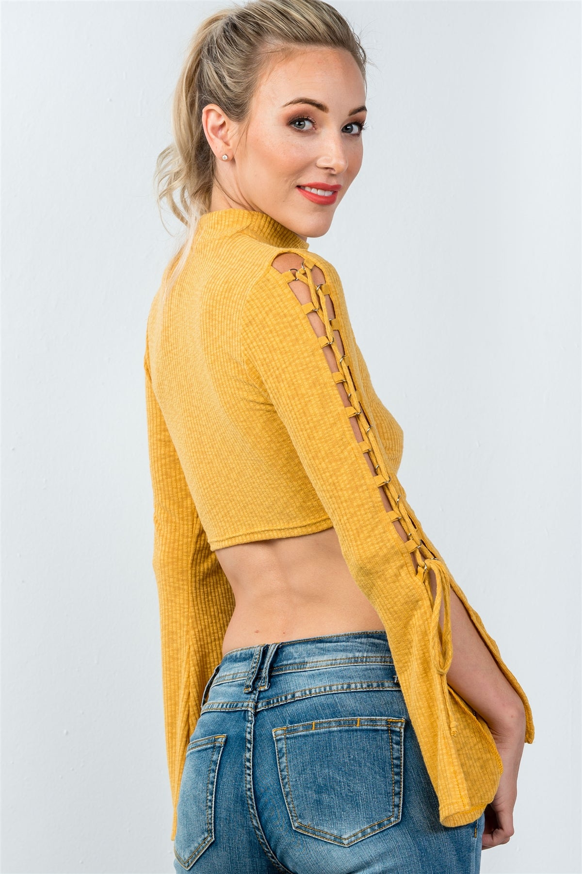 Ladies fashion split sleeve lace up ribbed crop top