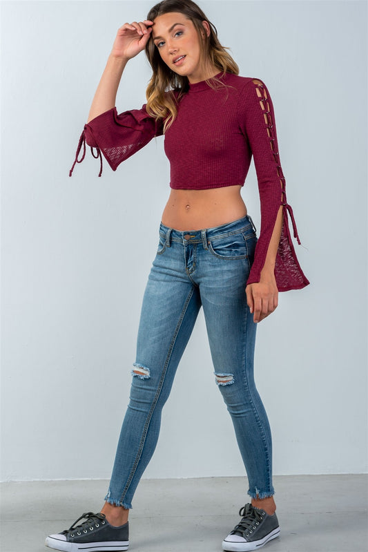Ladies fashion split sleeve lace up ribbed crop top