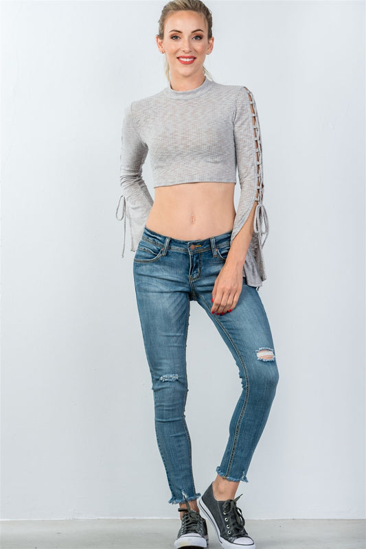 Ladies fashion split sleeve lace up ribbed crop top