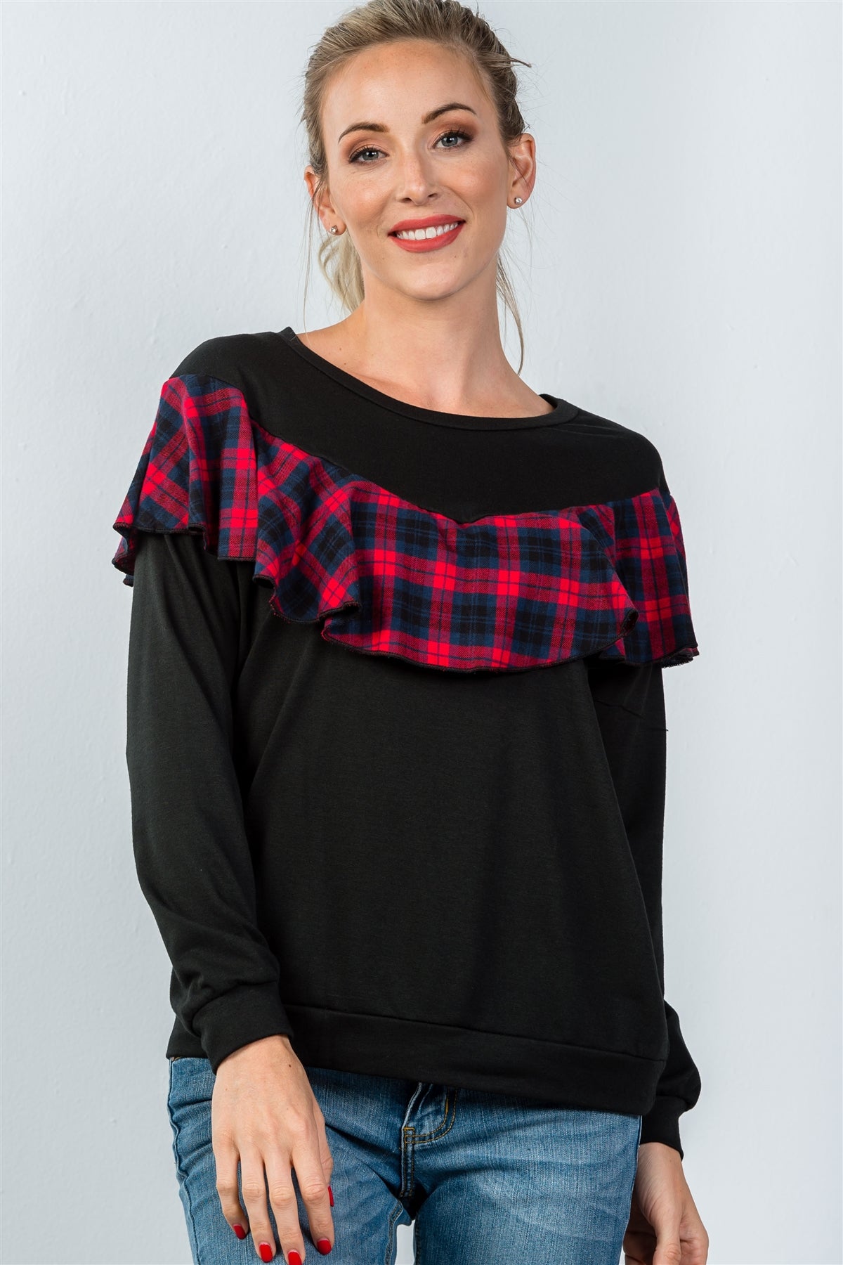 Ladies fashion long sleeve plaid ruffle pullover sweatshirt