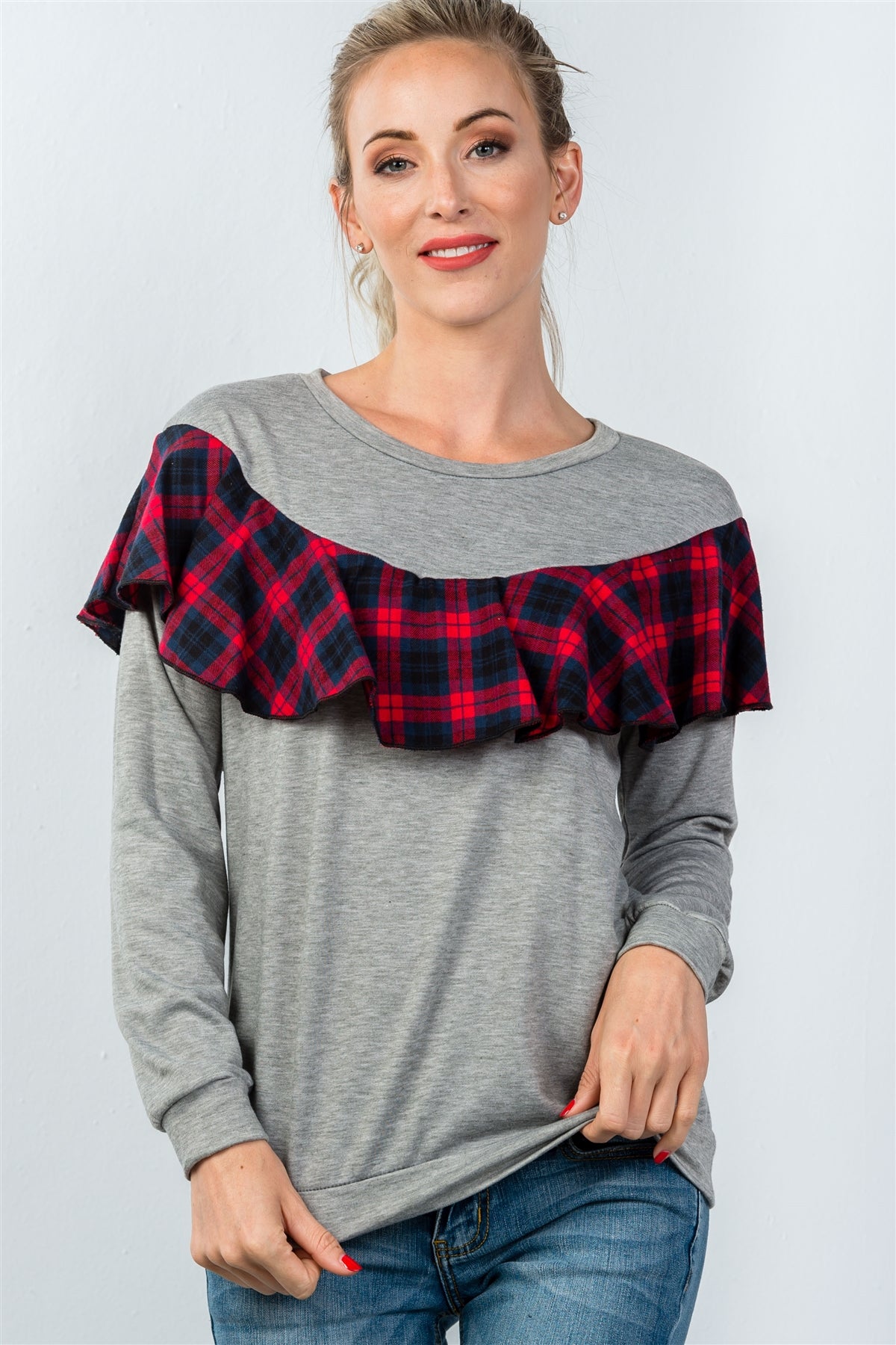 Ladies fashion long sleeve plaid ruffle pullover sweatshirt