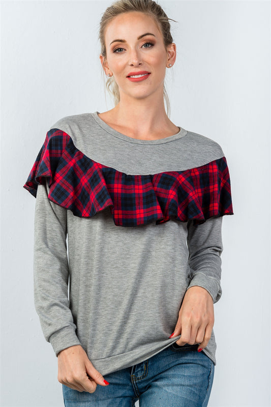 Ladies fashion long sleeve plaid ruffle pullover sweatshirt