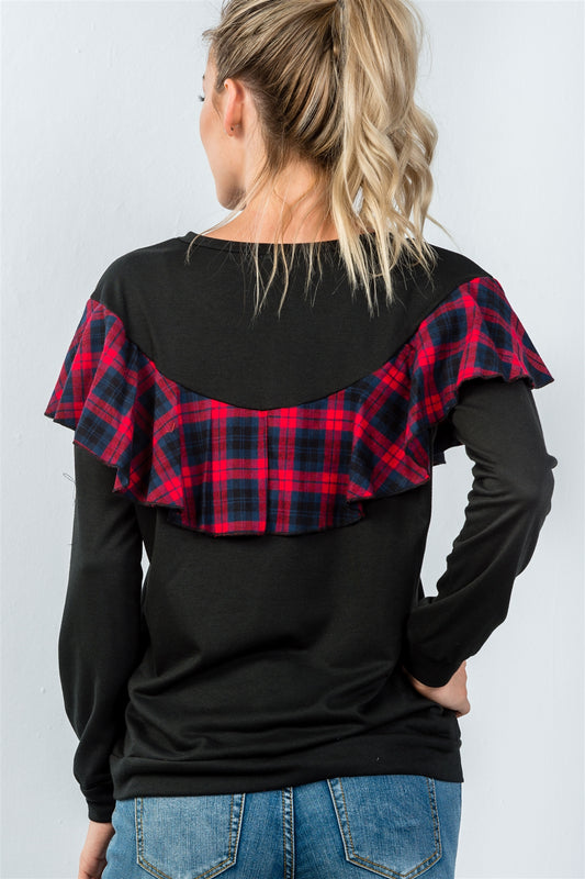 Ladies fashion long sleeve plaid ruffle pullover sweatshirt