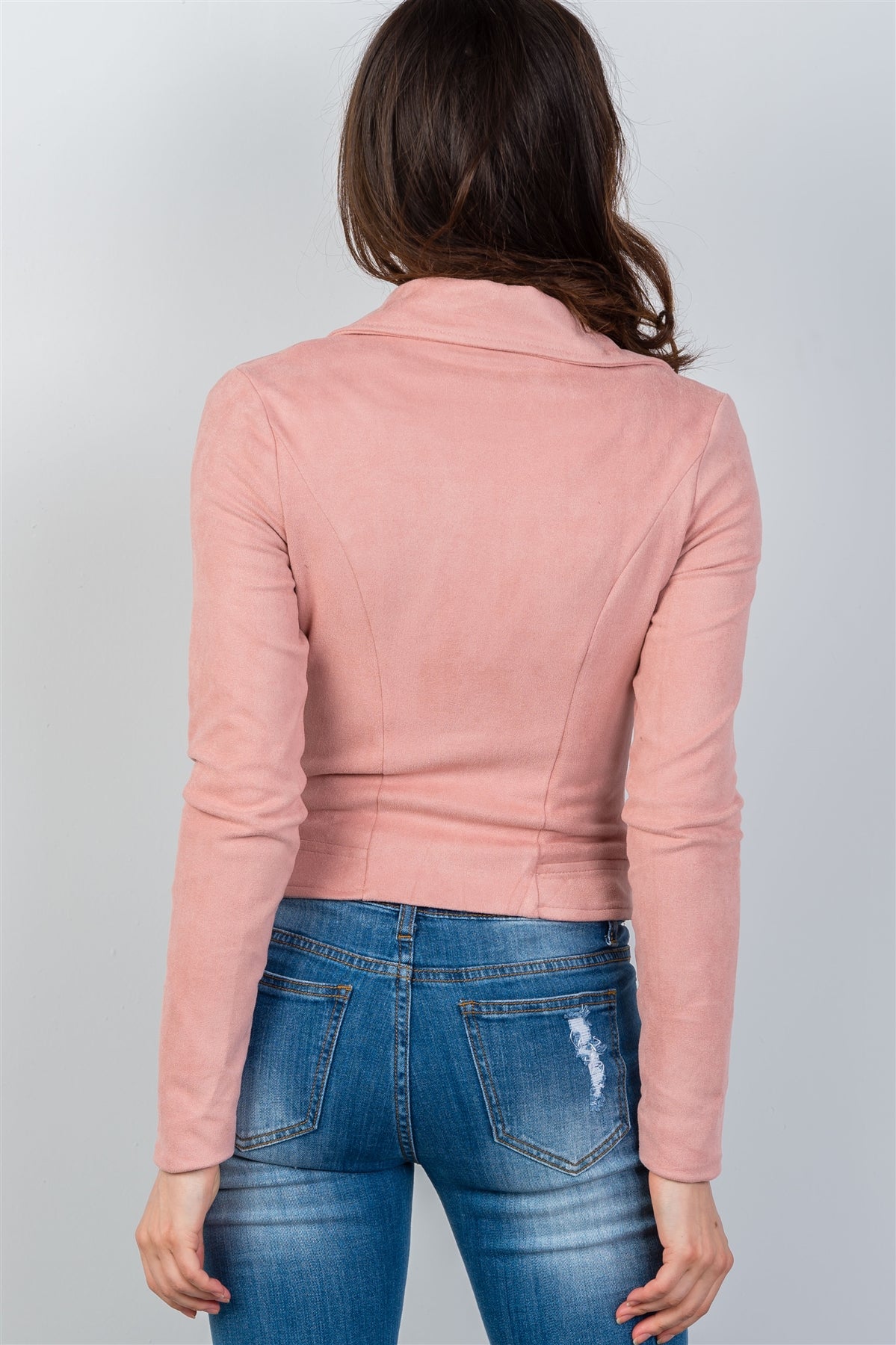 Ladies fashion asymmetric zippered faux suede jacket