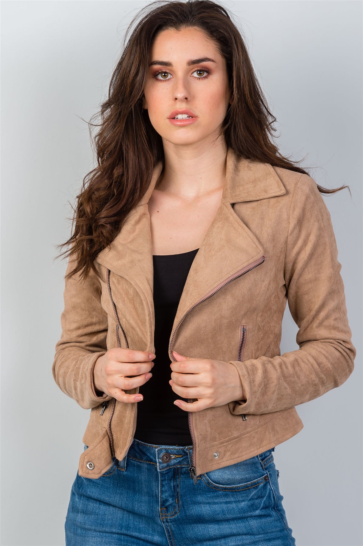 Ladies fashion asymmetric zippered faux suede jacket