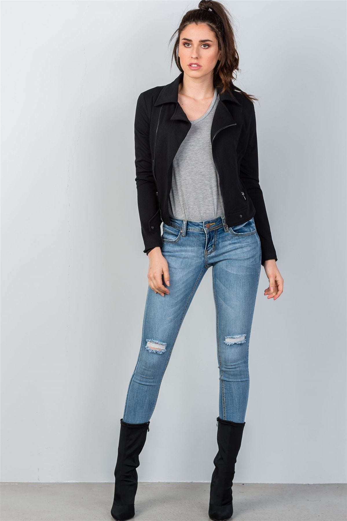 Ladies fashion asymmetric zippered faux suede jacket
