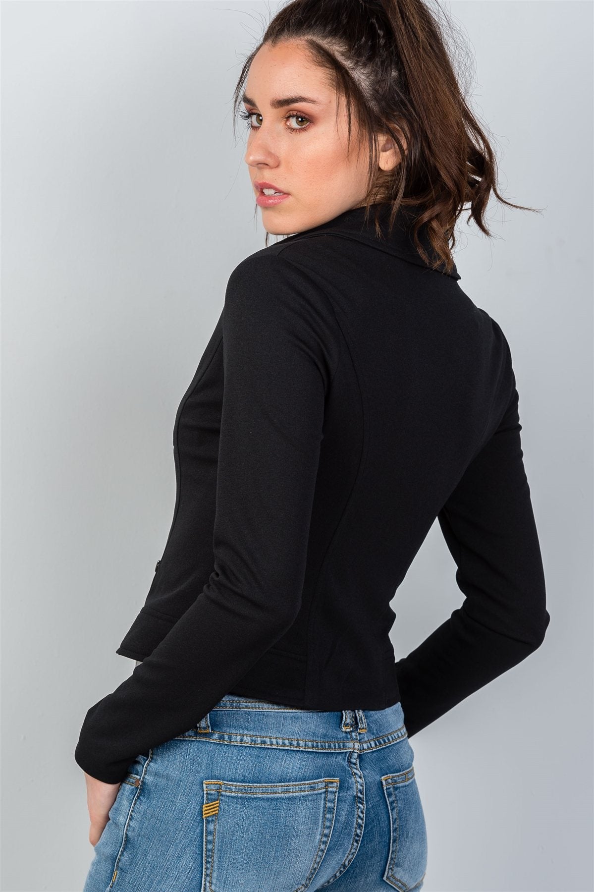 Ladies fashion asymmetric zippered faux suede jacket