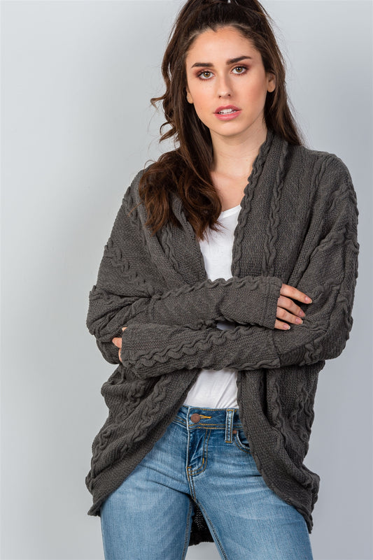 Ladies fashion open front  drop shoulder cable knit cardigan