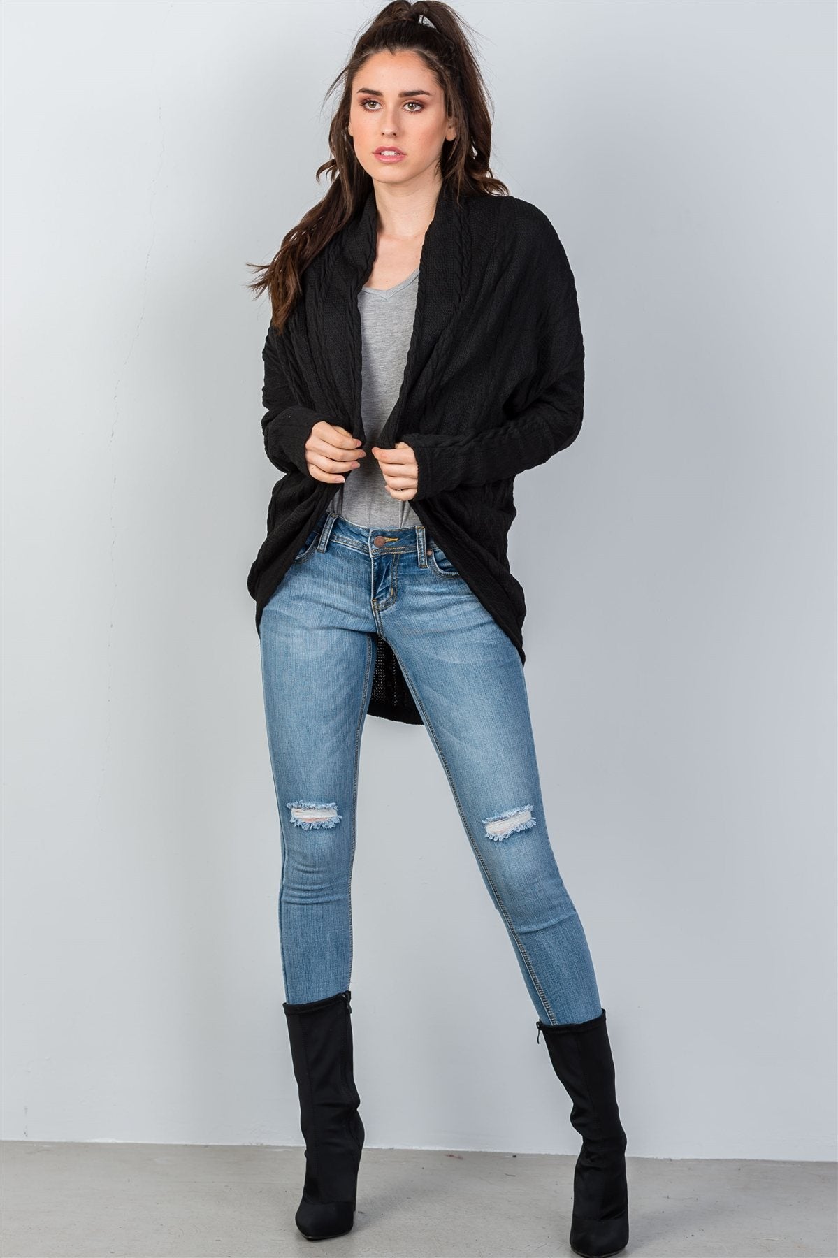 Ladies fashion open front  drop shoulder cable knit cardigan