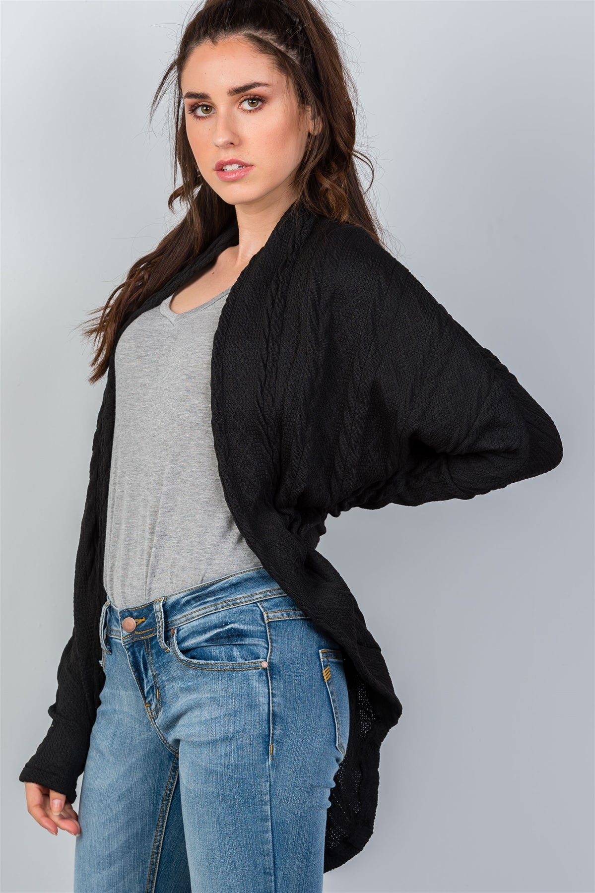 Ladies fashion open front  drop shoulder cable knit cardigan