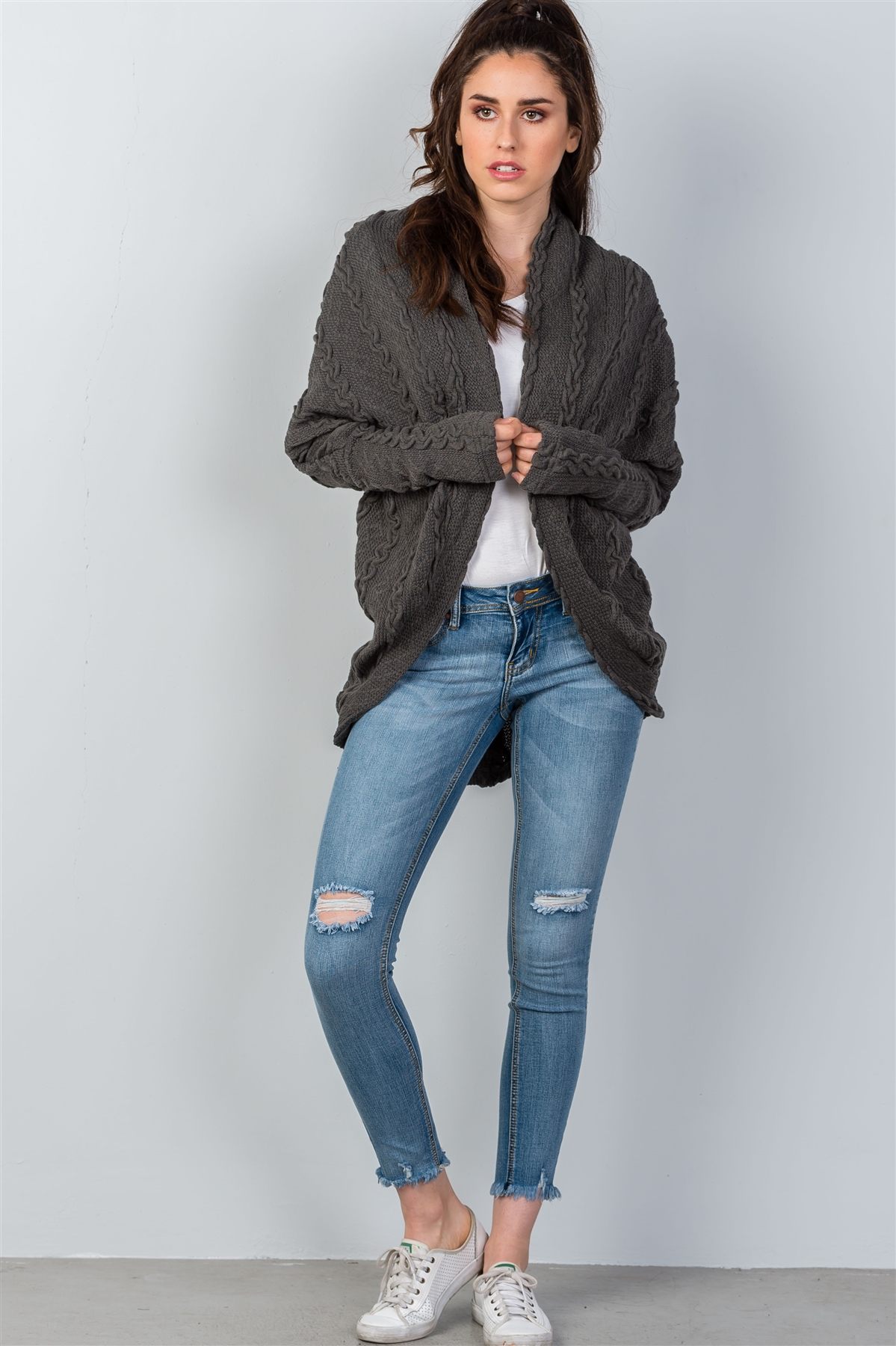 Ladies fashion open front  drop shoulder cable knit cardigan