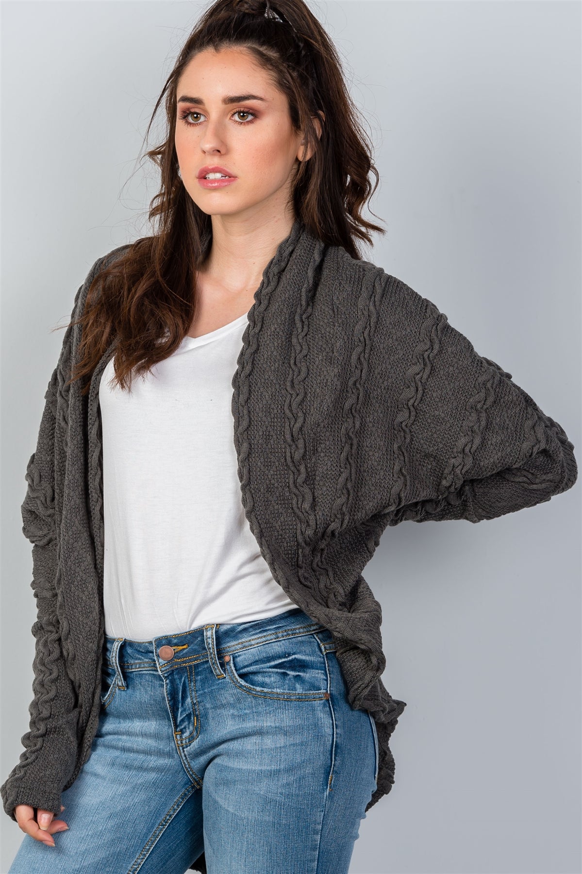 Ladies fashion open front  drop shoulder cable knit cardigan