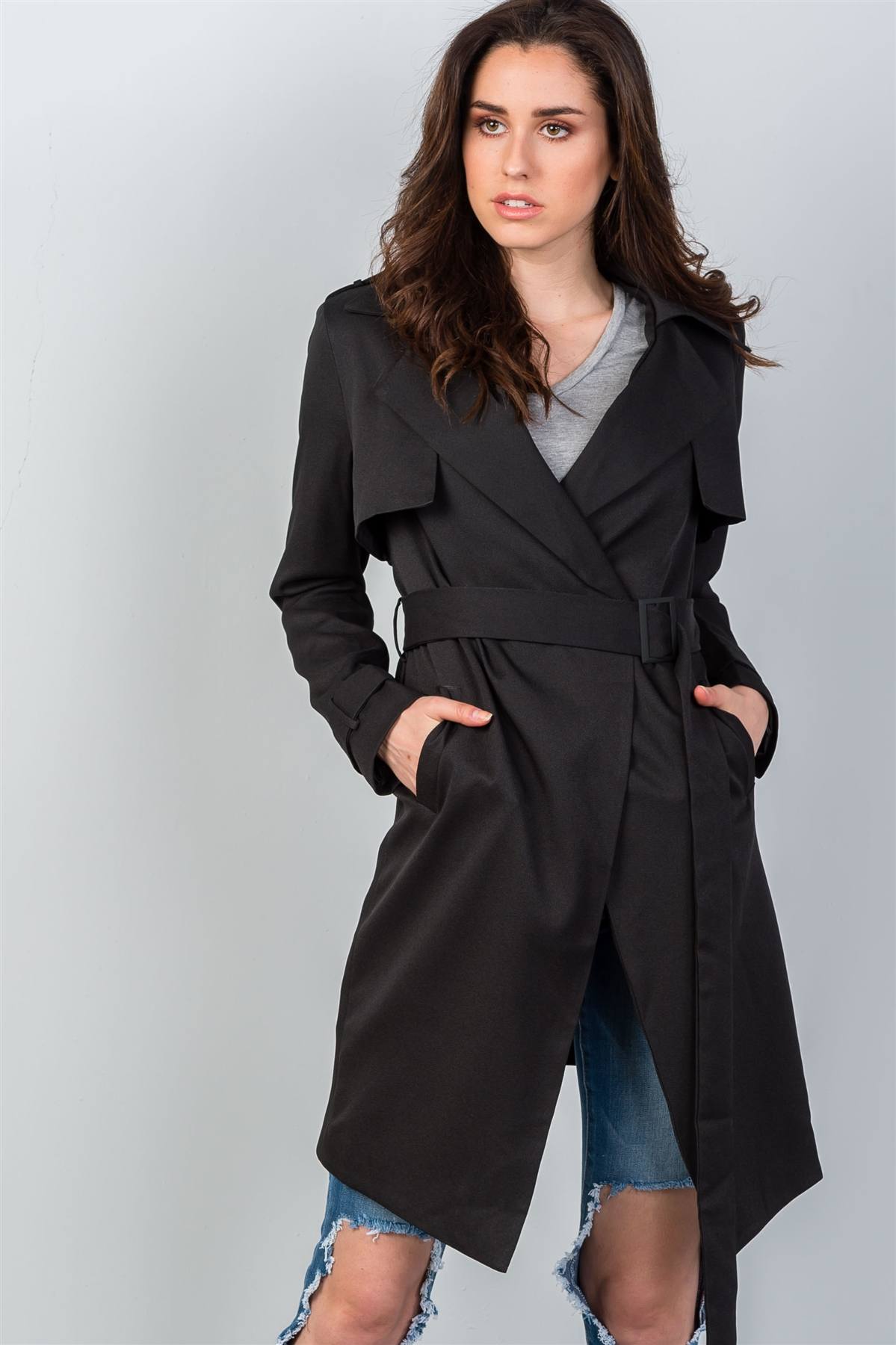 Ladies fashion tie waist contemporary belted long cardigan