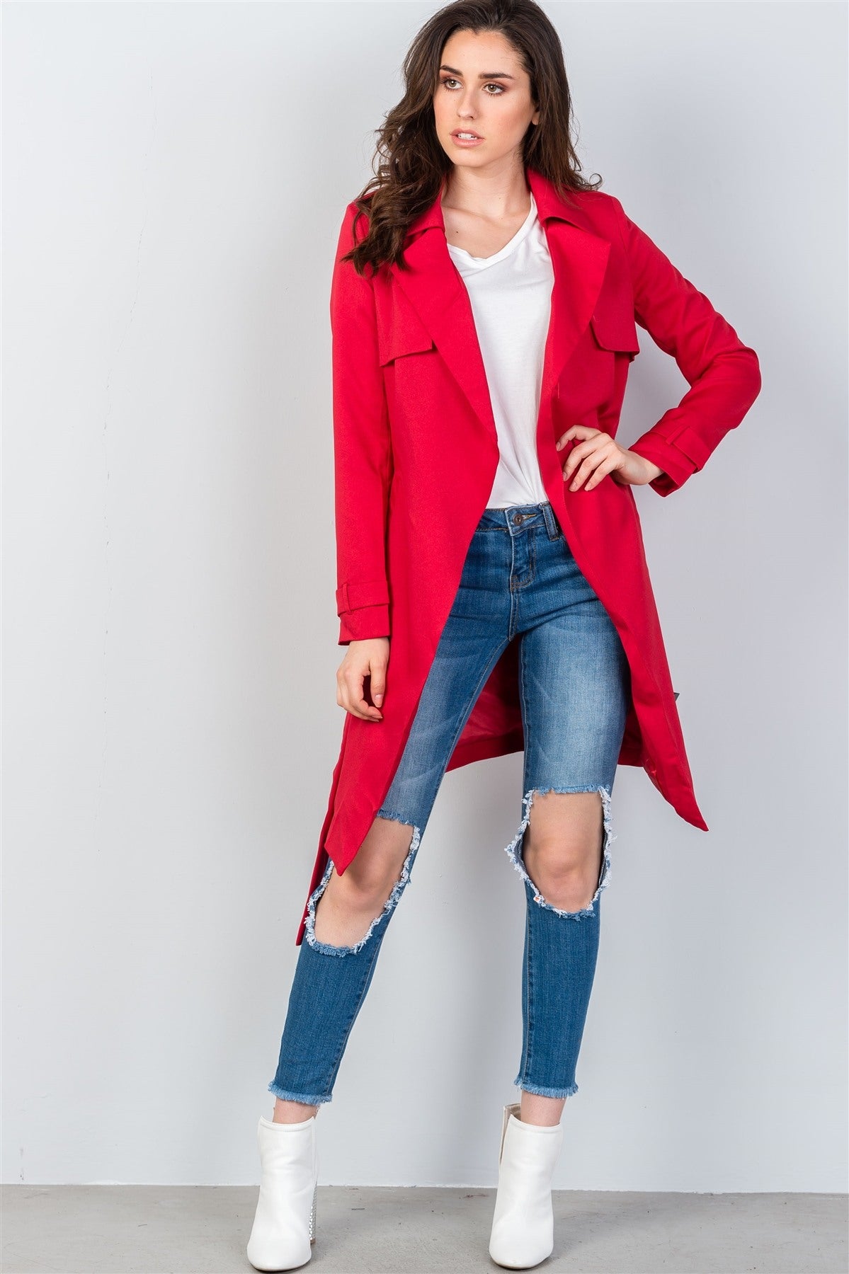 Ladies fashion tie waist contemporary belted long cardigan
