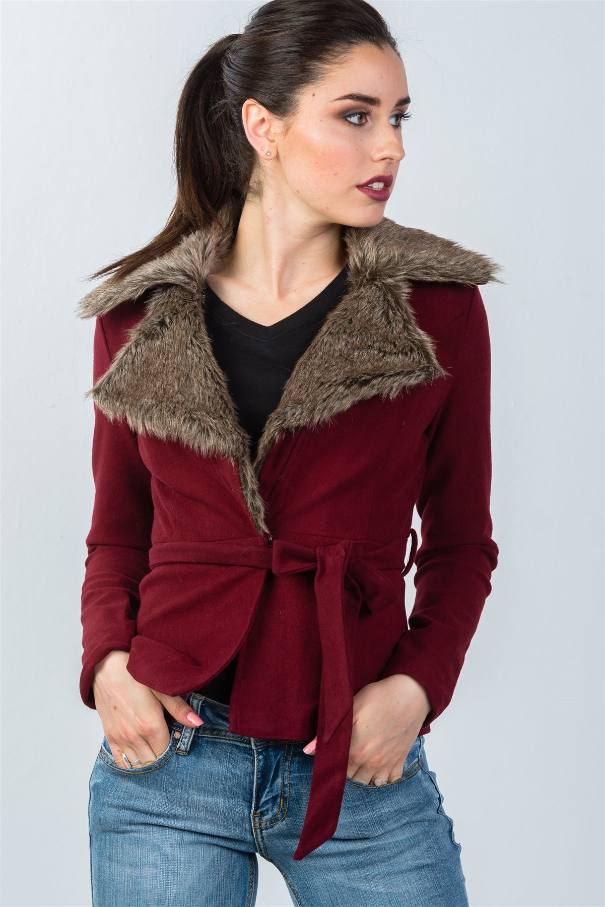 Ladies fashion hidden snap button faux fur collar belted jacket