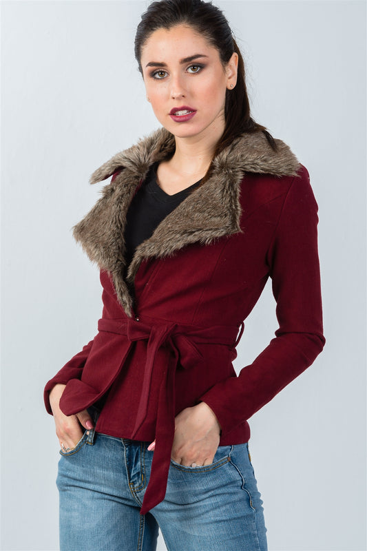 Ladies fashion hidden snap button faux fur collar belted jacket