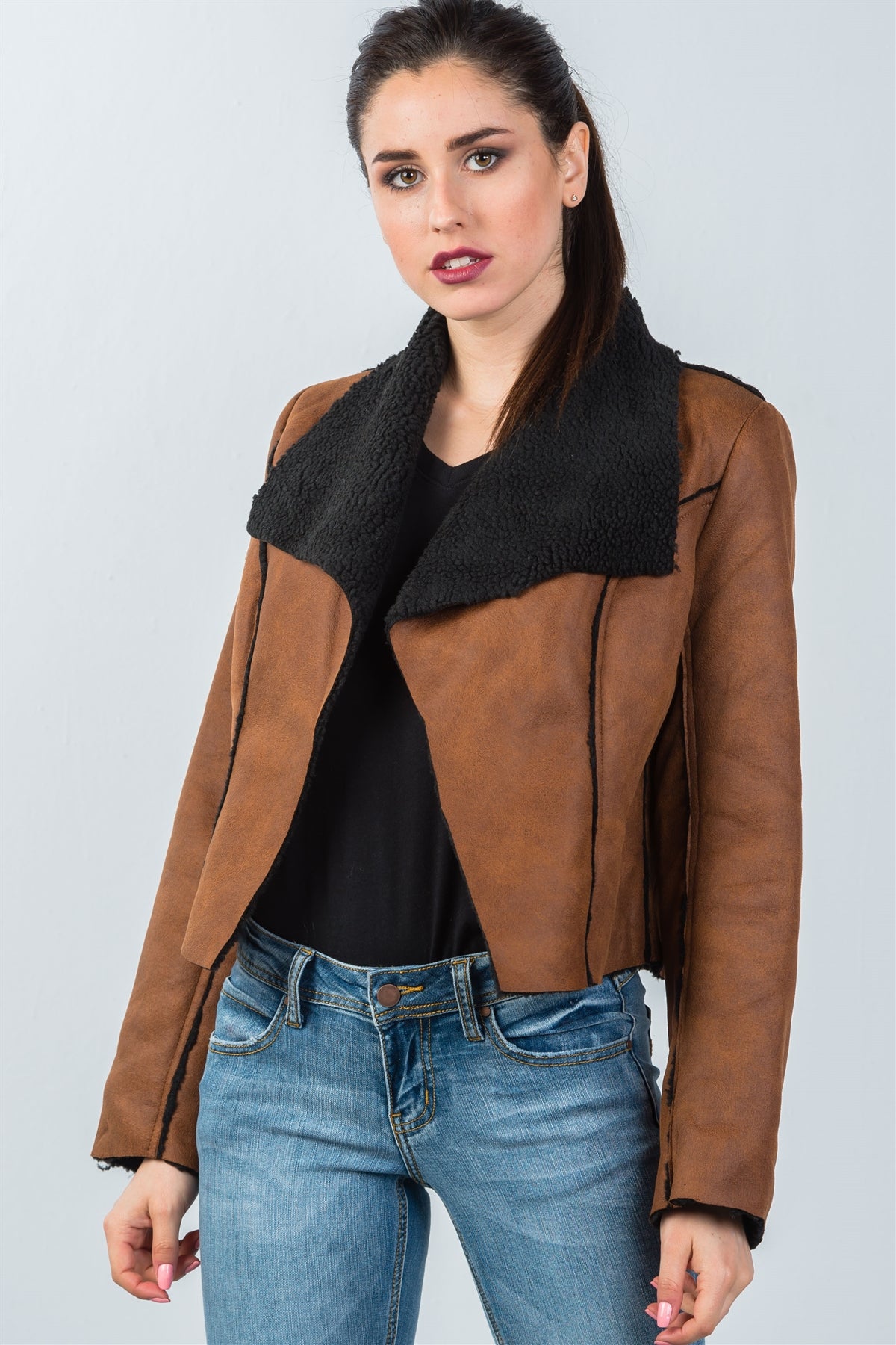 Ladies fashion relaxed fit faux sheepskin drape neck jacket