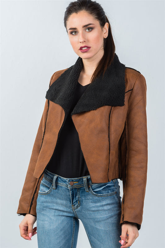 Ladies fashion relaxed fit faux sheepskin drape neck jacket