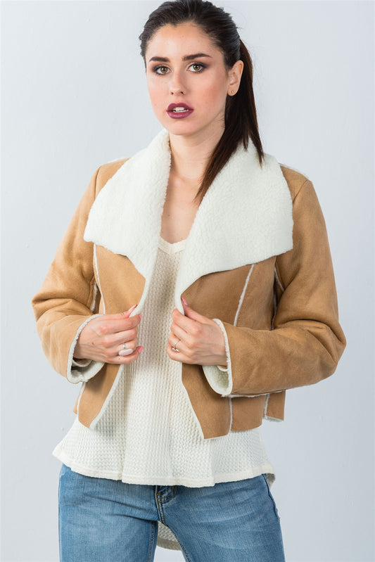 Ladies fashion relaxed fit faux sheepskin drape neck jacket