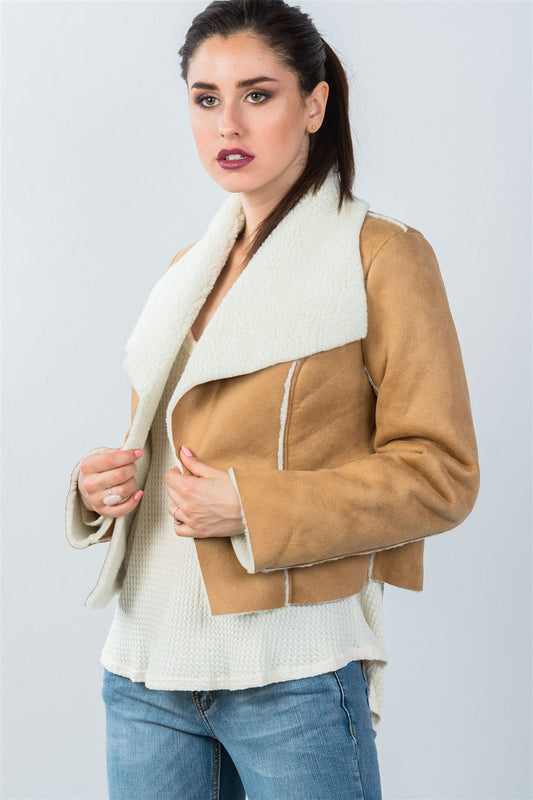 Ladies fashion relaxed fit faux sheepskin drape neck jacket