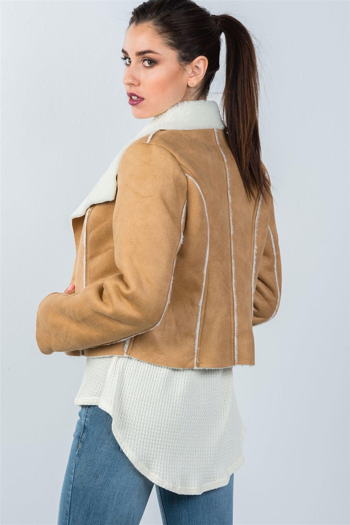 Ladies fashion relaxed fit faux sheepskin drape neck jacket