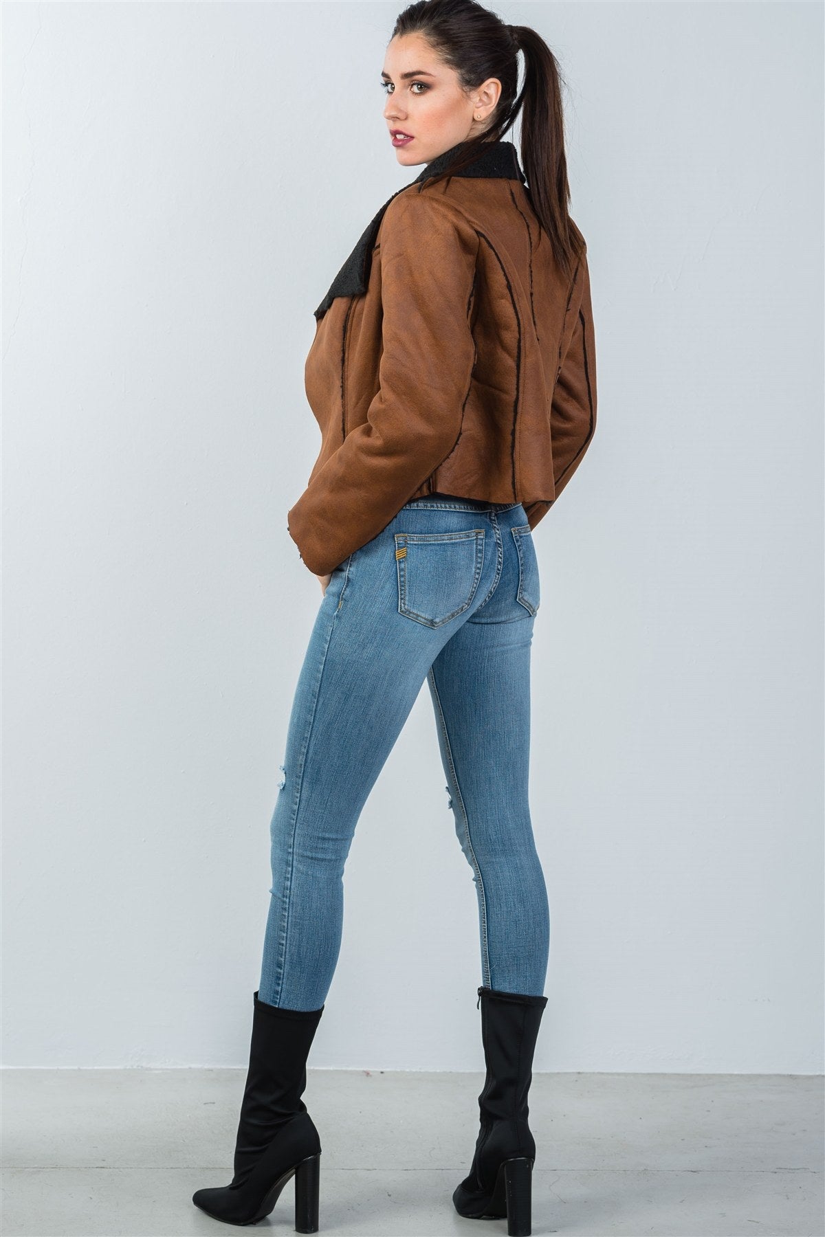 Ladies fashion relaxed fit faux sheepskin drape neck jacket