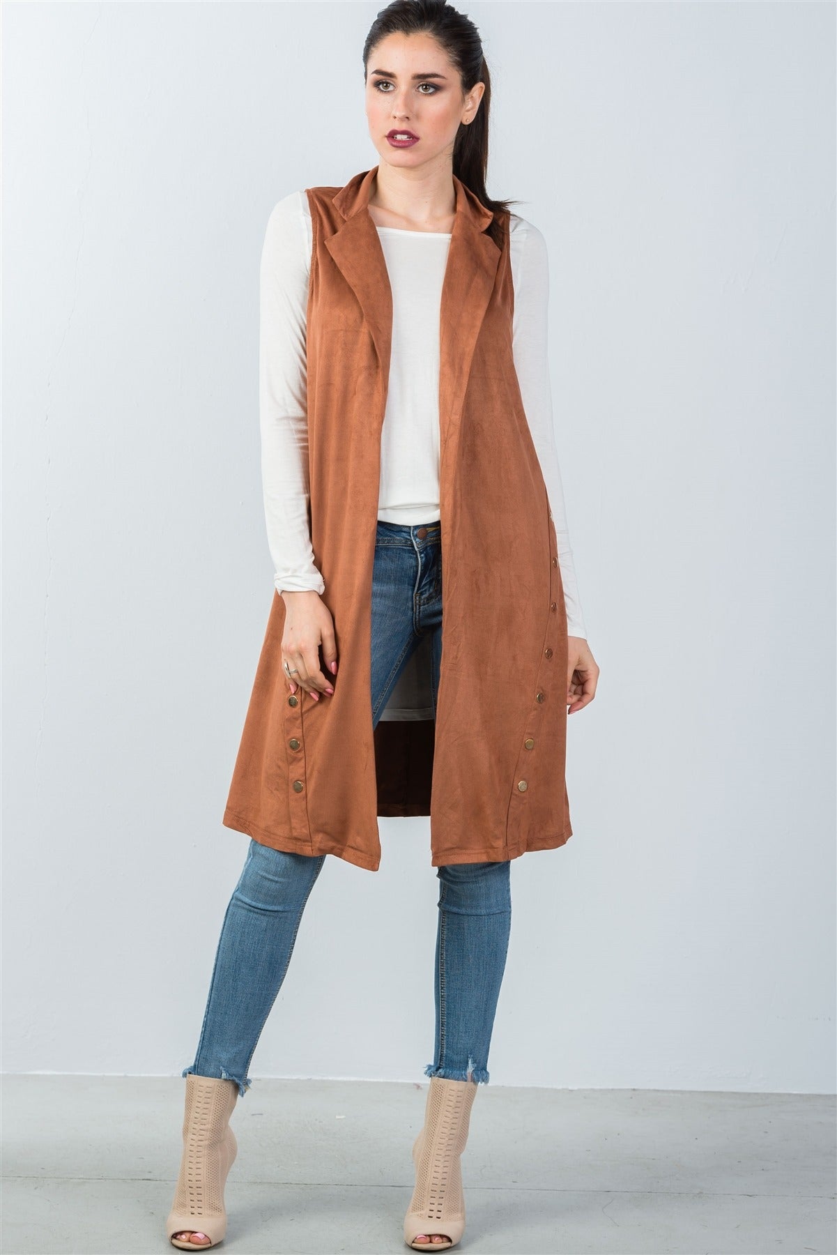 Ladies fashion knee length  sleeveless open front cardigan vest
