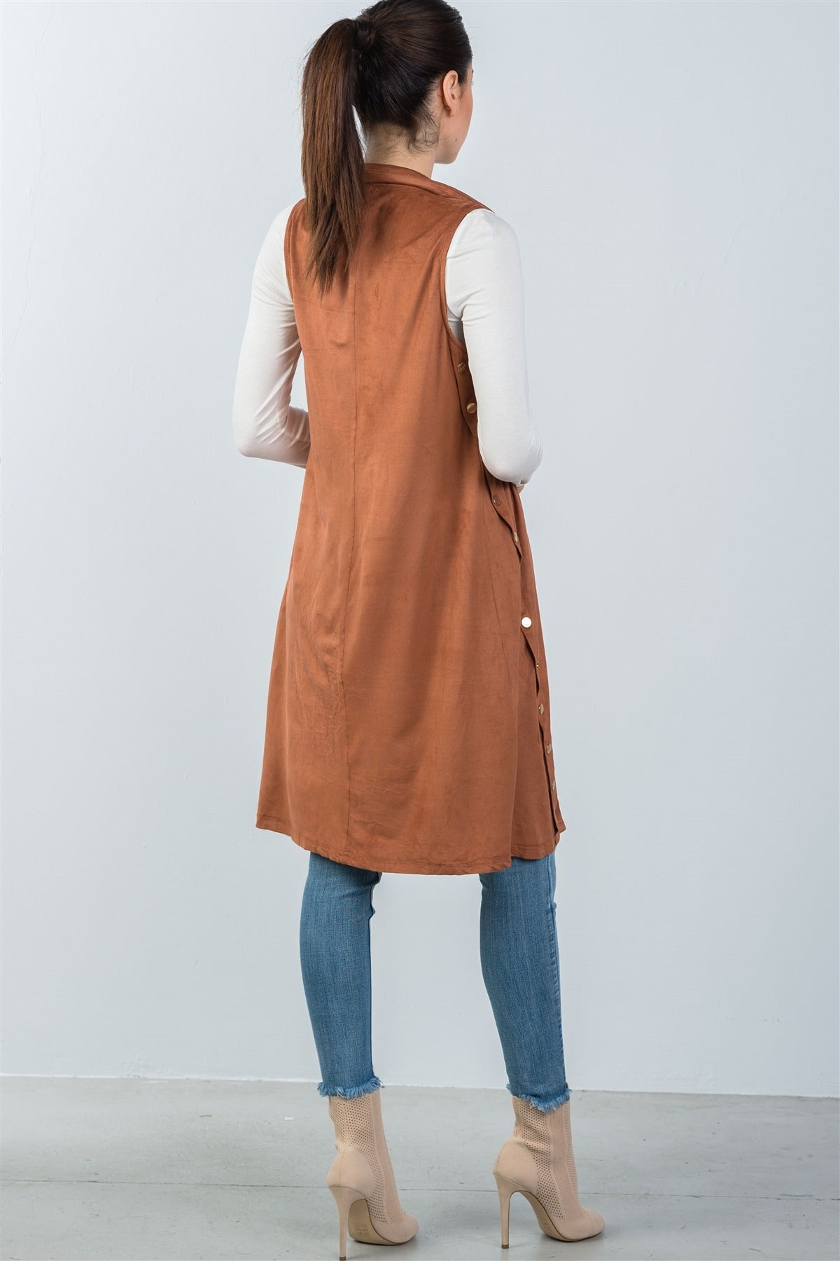 Ladies fashion knee length  sleeveless open front cardigan vest