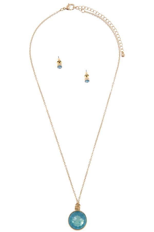 Ladies fashion round faceted stone pendant necklace set