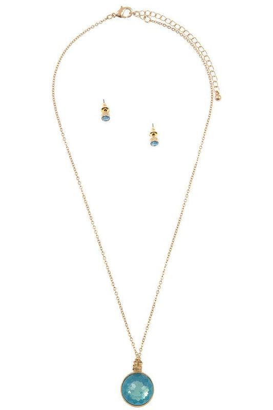 Ladies fashion round faceted stone pendant necklace set