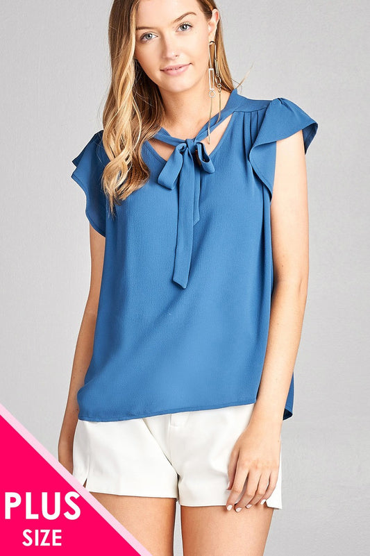 Ladies fashion plus size v-neck w/tie closure and ruffle cap sleeve crepe woven top