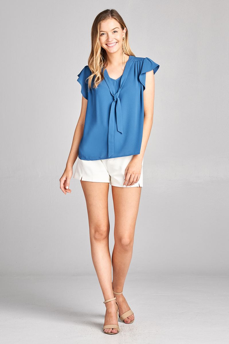 Ladies fashion plus size v-neck w/tie closure and ruffle cap sleeve crepe woven top