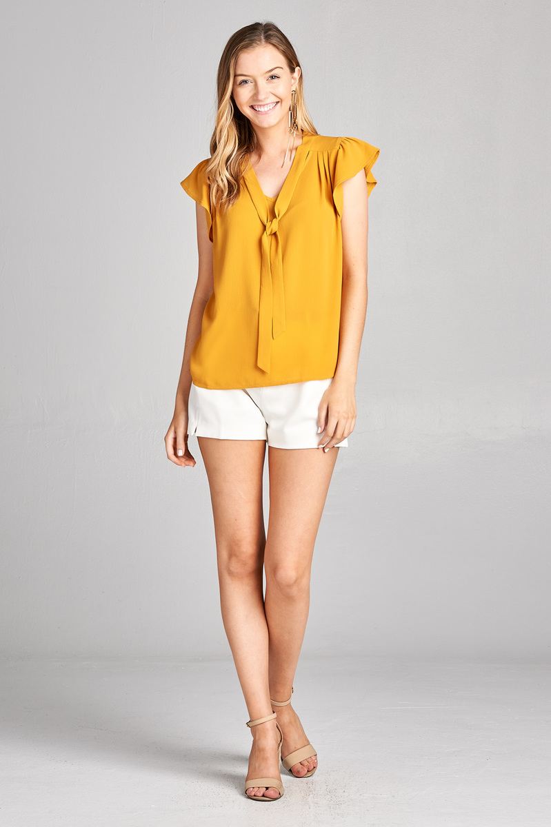 Ladies fashion plus size v-neck w/tie closure and ruffle cap sleeve crepe woven top