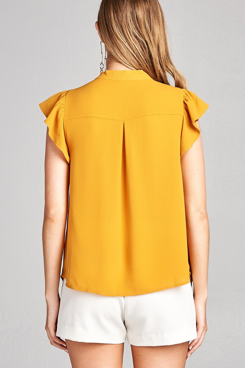 Ladies fashion plus size v-neck w/tie closure and ruffle cap sleeve crepe woven top