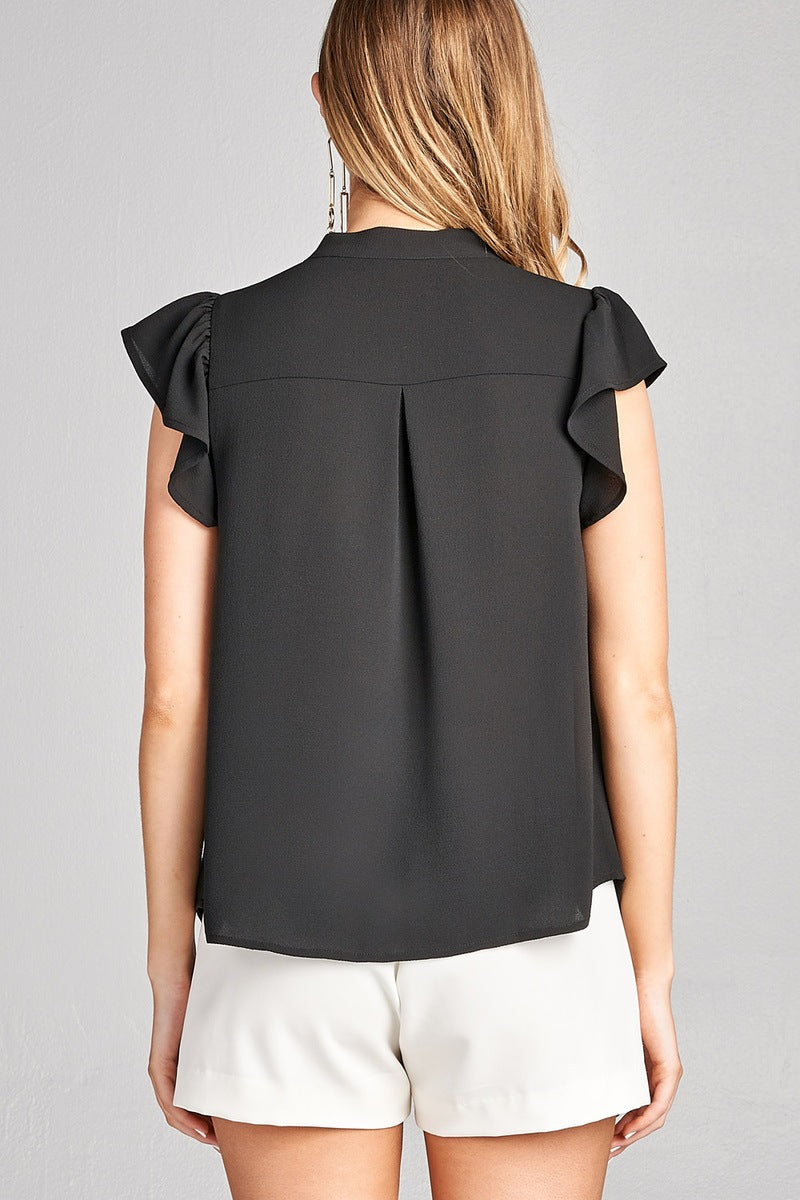 Ladies fashion plus size v-neck w/tie closure and ruffle cap sleeve crepe woven top