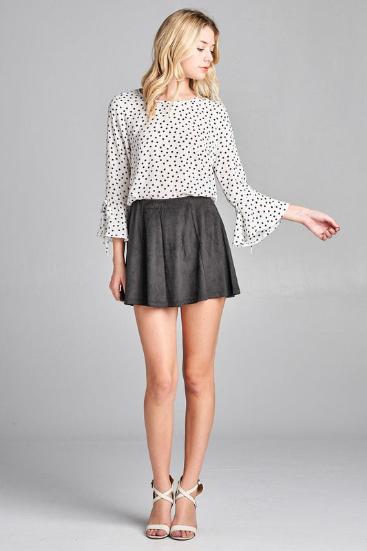 Ladies fashion plus size 3/4 w/bell sleeve round neck dot print crepe woven top