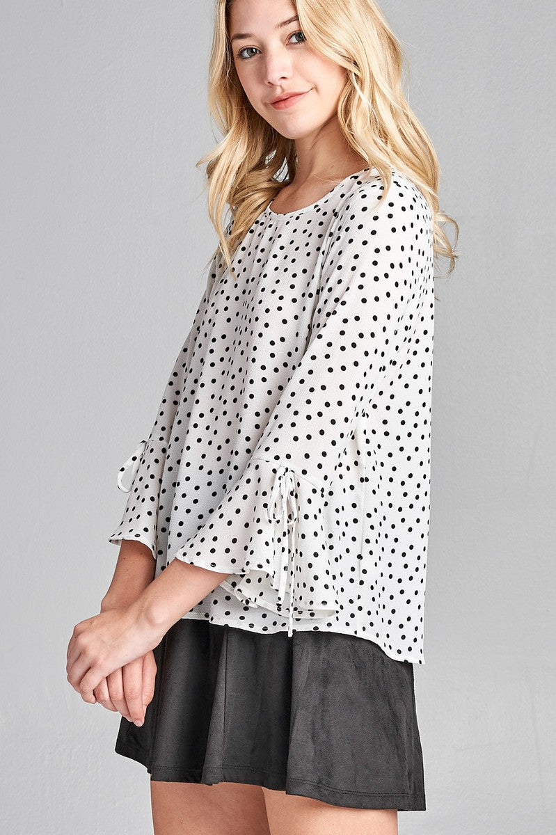 Ladies fashion plus size 3/4 w/bell sleeve round neck dot print crepe woven top