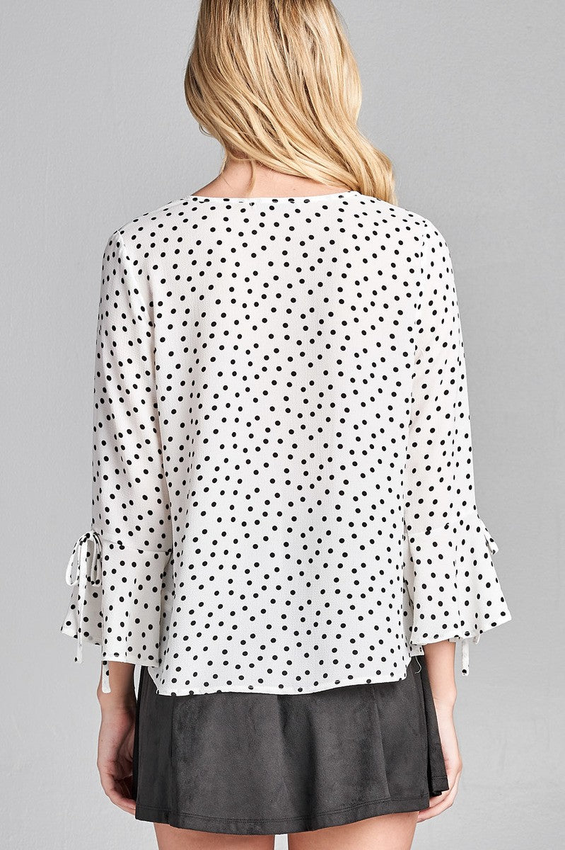 Ladies fashion plus size 3/4 w/bell sleeve round neck dot print crepe woven top
