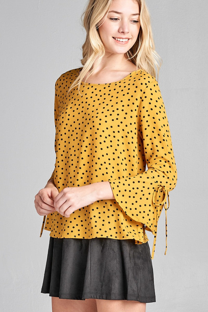 Ladies fashion plus size 3/4 w/bell sleeve round neck dot print crepe woven top
