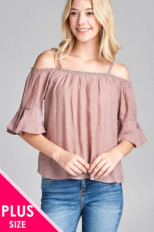 Ladies fashion plus size short sleeve open shoulder w/lace trim sub gauze woven top